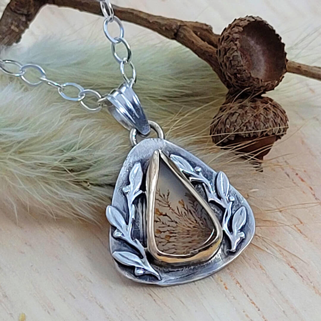Dendritic Agate Necklace with Leaves in Sterling Silver and 14kt Gold