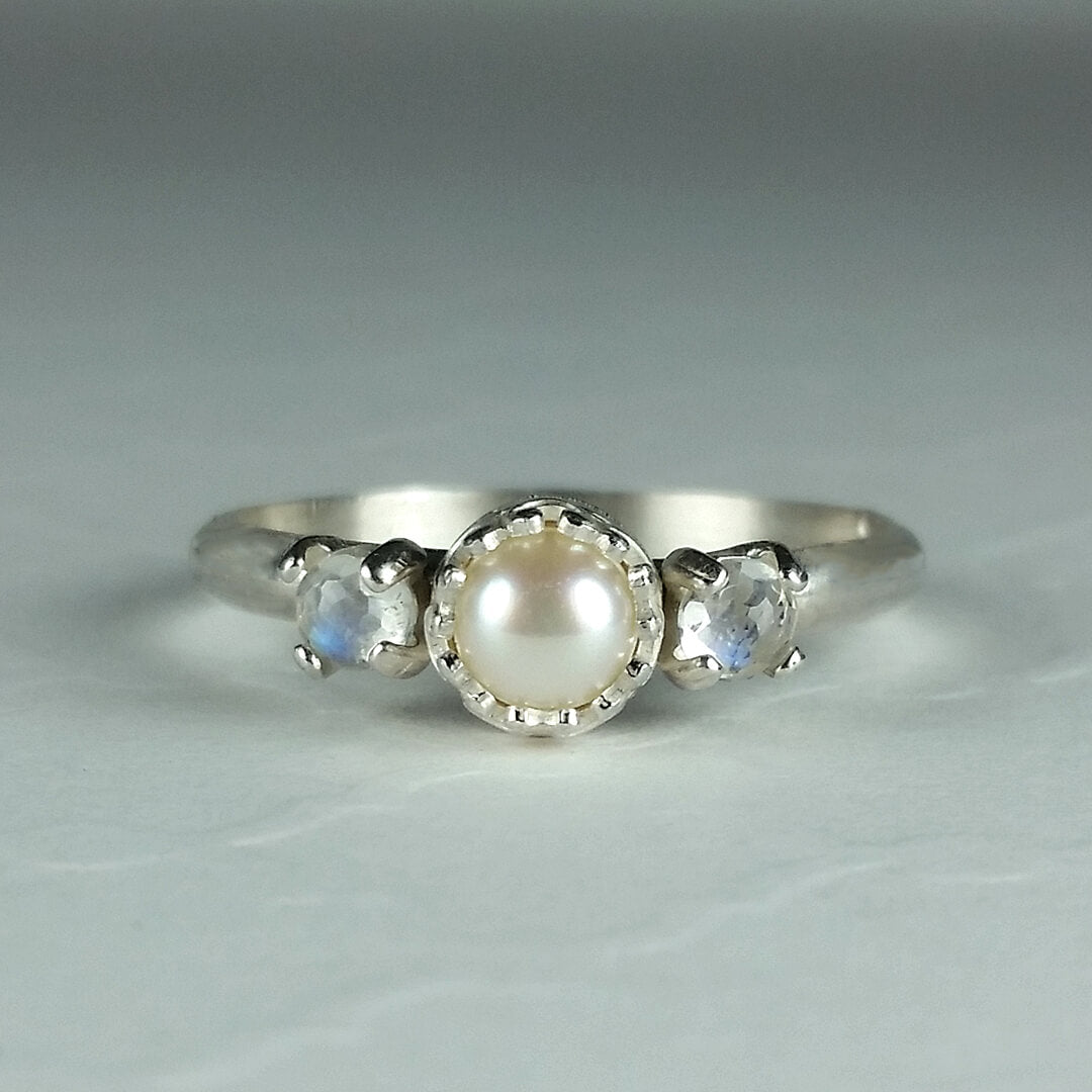 Starlight Pearl and Moonstone Ring in Sterling Silver