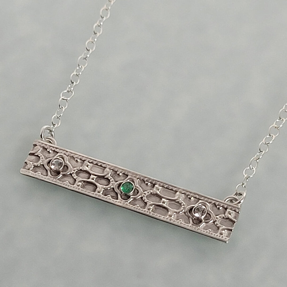 Vintage Style Sterling Silver Bar Necklace with Emerald and White Sapphires