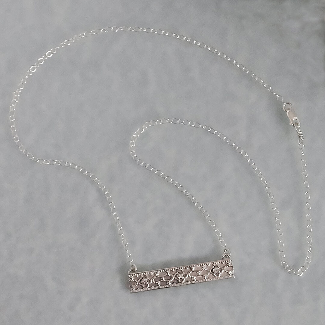 Vintage Style Sterling Silver Bar Necklace with White Sapphires