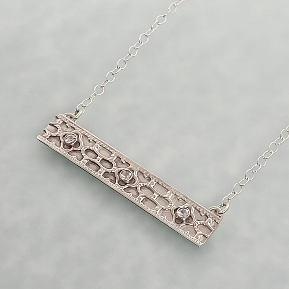 Vintage Style Sterling Silver Bar Necklace with White Sapphires