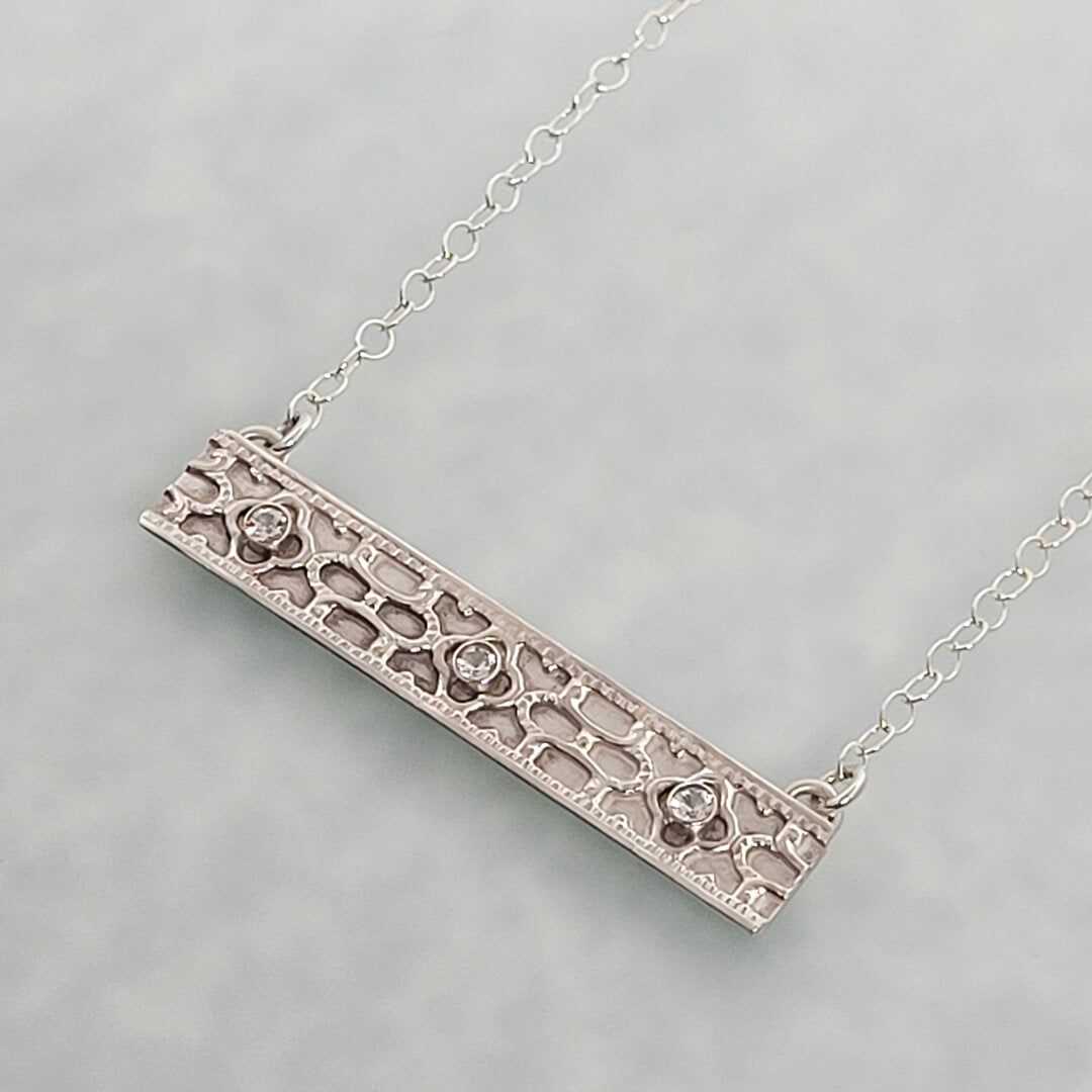 Vintage Style Sterling Silver Bar Necklace with White Sapphires