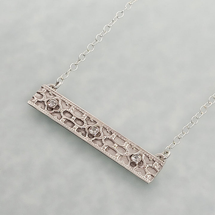 Vintage Style Sterling Silver Bar Necklace with White Sapphires