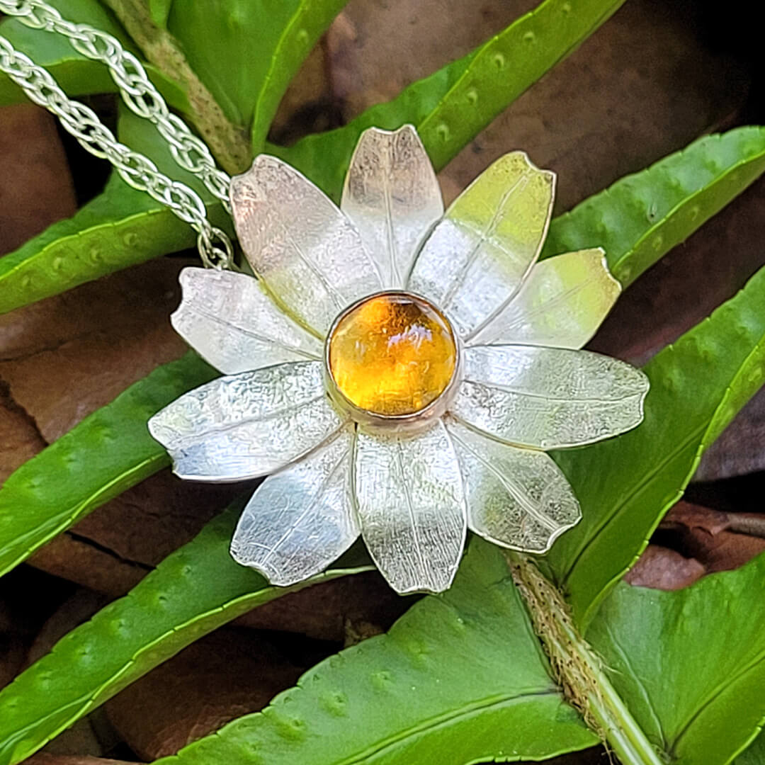 Sterling silver daisy flower necklace with golden citrine
