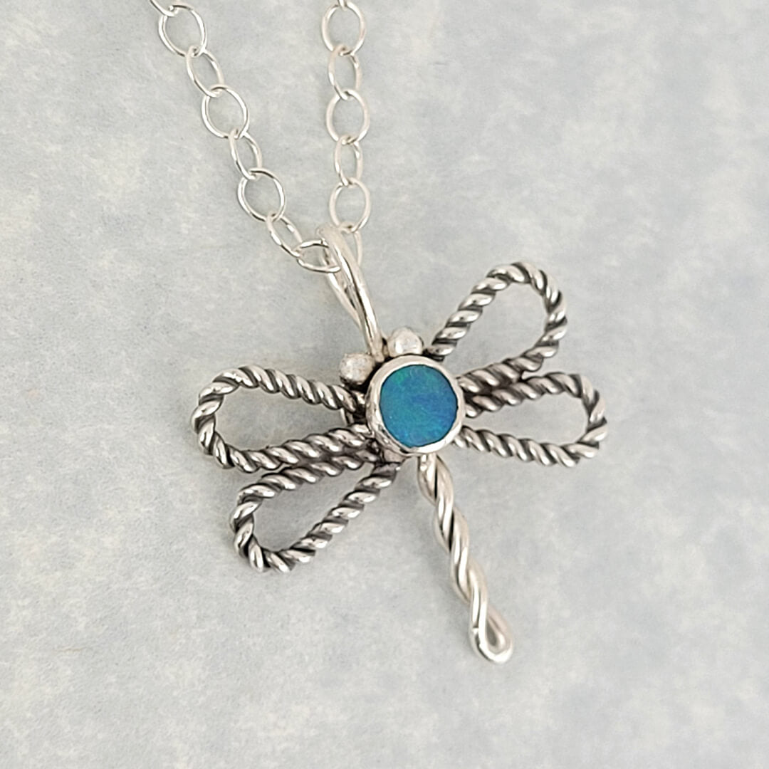 dragonfly necklace with opal in sterling silver