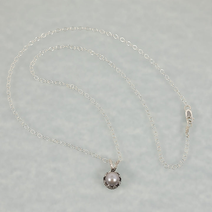 Edwardian Vintage Style Gray Pearl Pendant Necklace in Sterling Silver