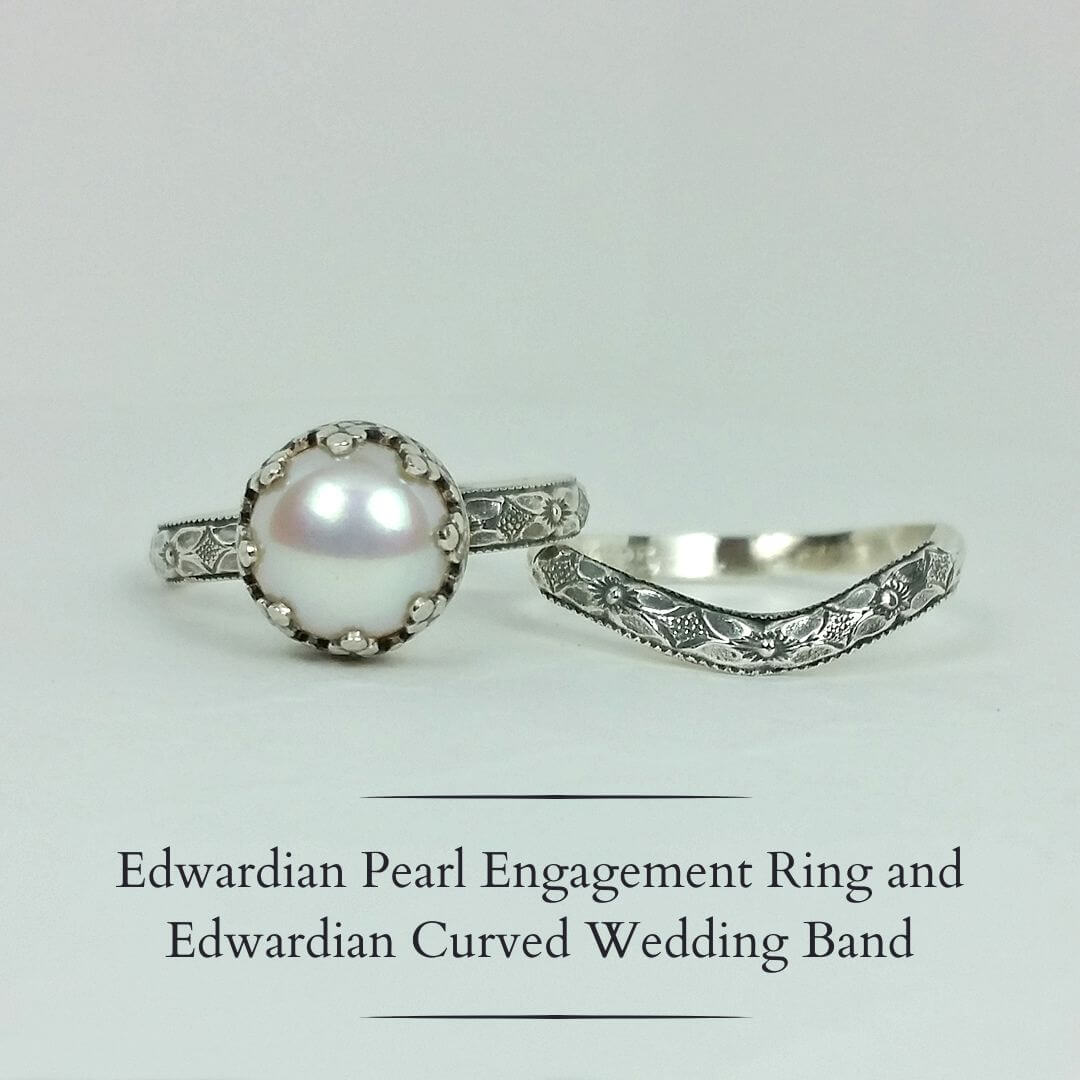 Edwardian inspired vintage style pearl engagement ring and matching curved wedding band