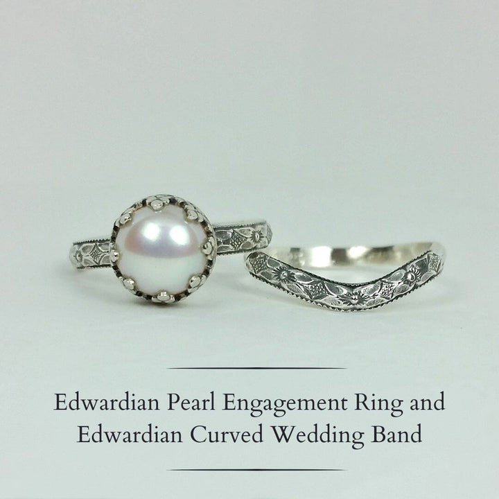 Edwardian inspired vintage style pearl engagement ring and matching curved wedding band