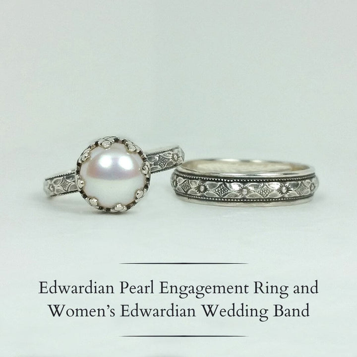 Edwardian inspired vintage style pearl engagement ring and matching wedding band