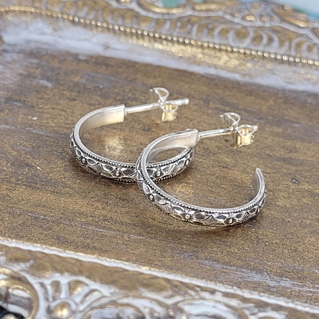 Edwardian Style Floral Hoop Earrings in Sterling Silver