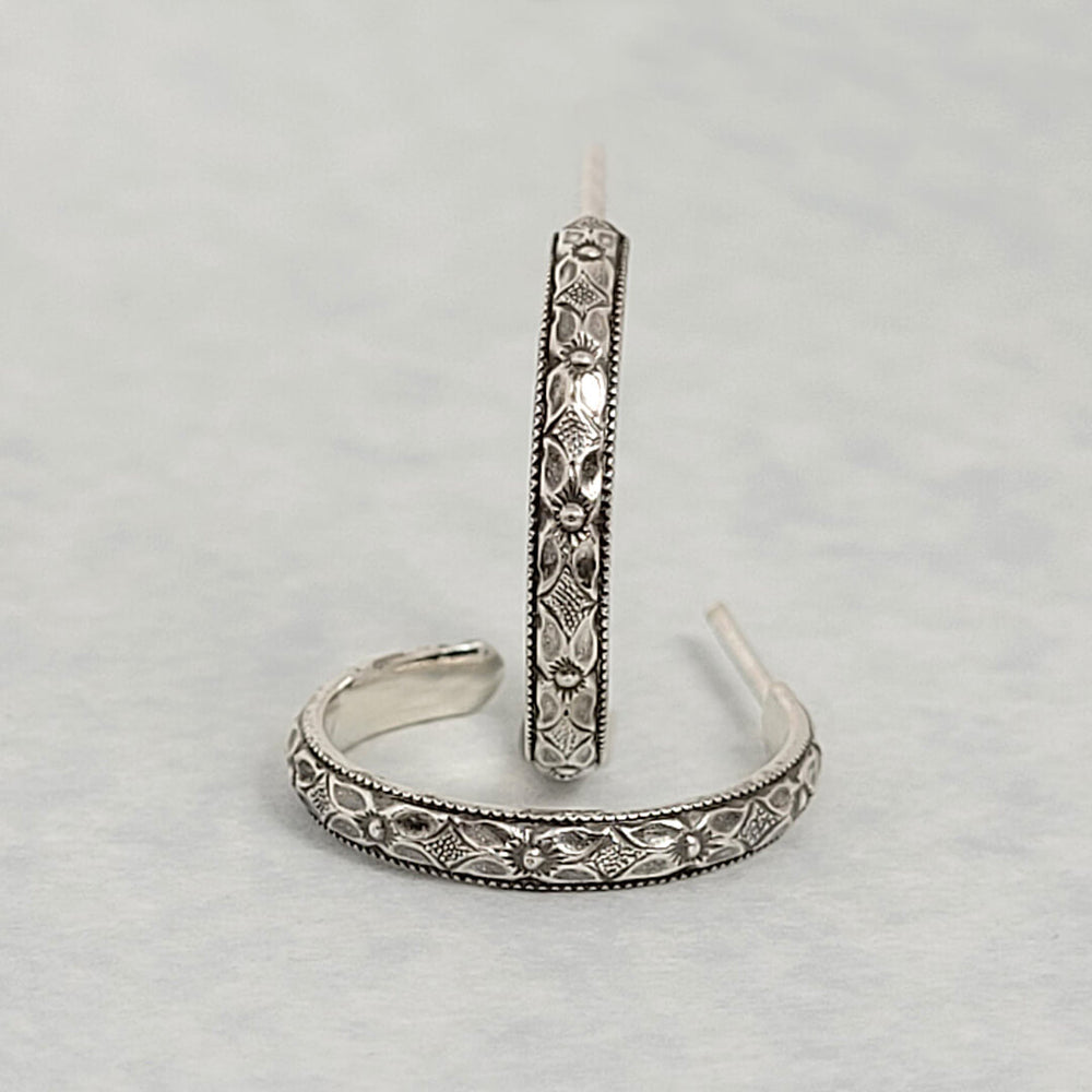 Edwardian Style Floral Hoop Earrings in Sterling Silver
