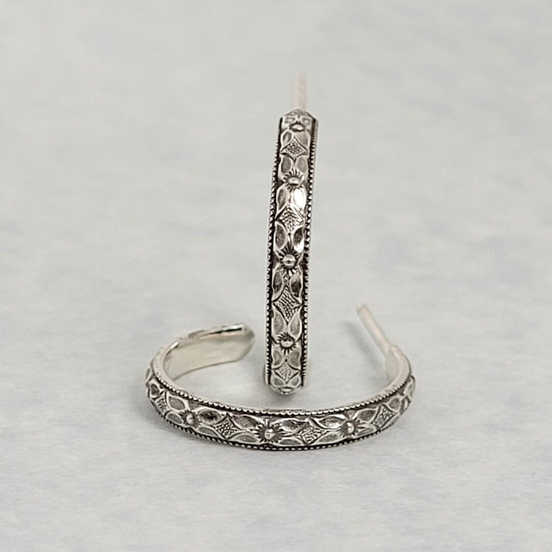 Edwardian Style Floral Hoop Earrings in Sterling Silver