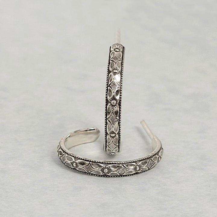 Edwardian Style Floral Hoop Earrings in Sterling Silver
