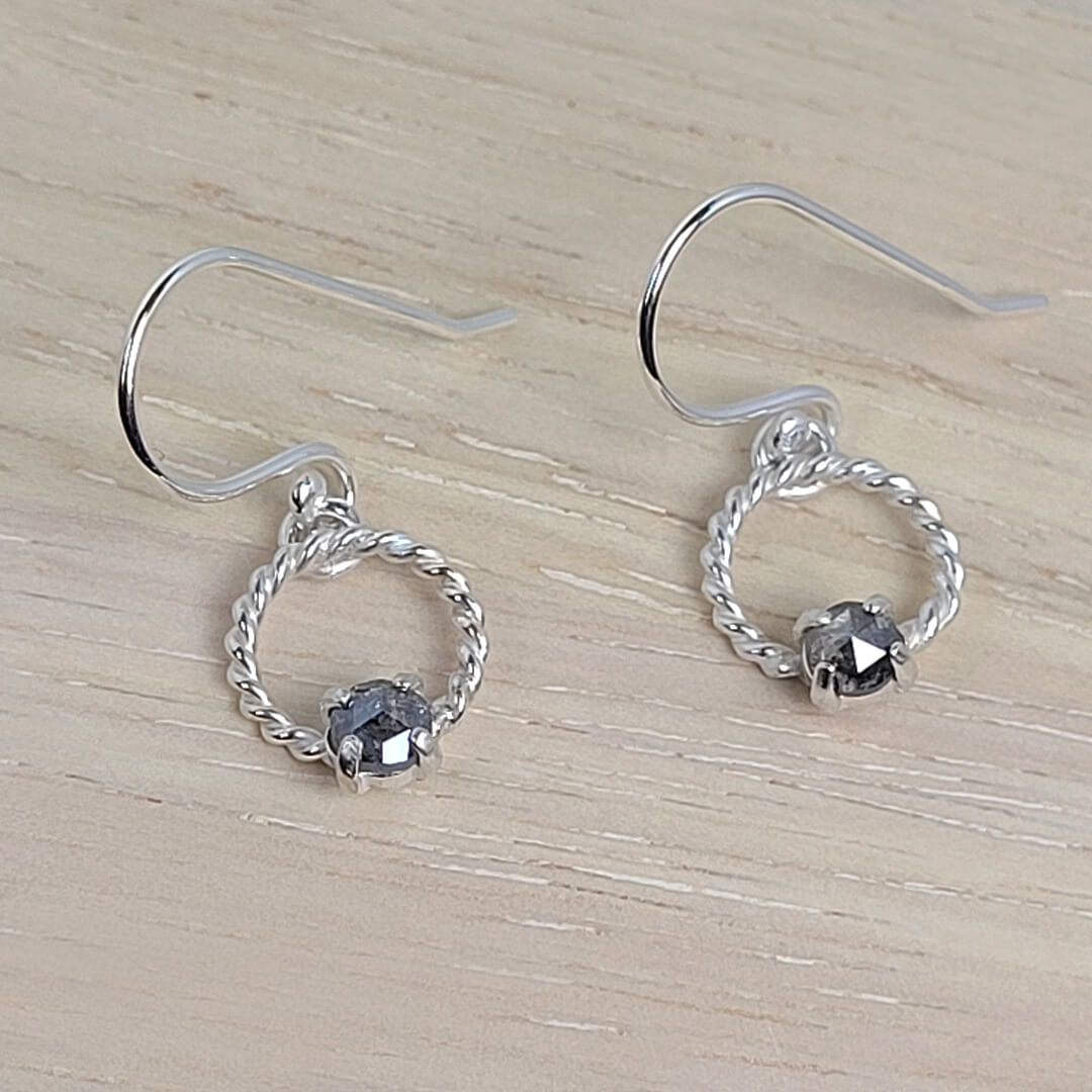 Rose Cut Rustic Gray Diamond Drop Hoop Earrings in Sterling Silver
