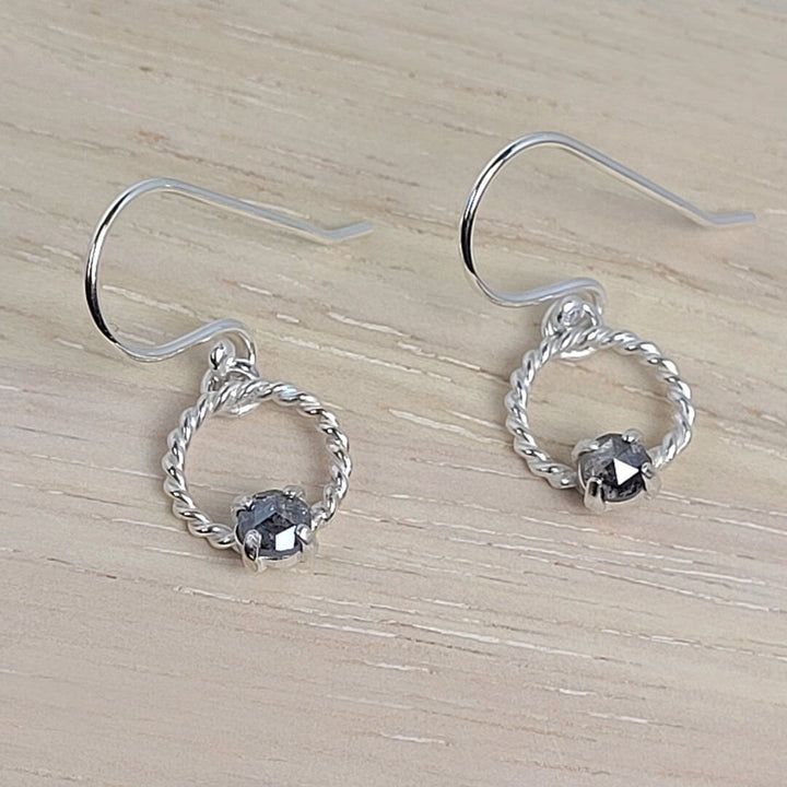 Rose Cut Rustic Gray Diamond Drop Hoop Earrings in Sterling Silver