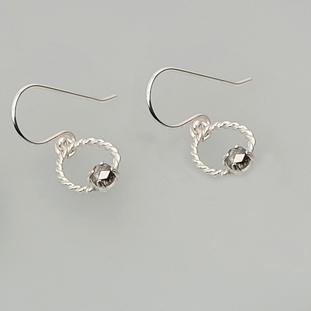 Rustic Rose Cut Gray Diamond Drop Hoop Earrings in Sterling Silver