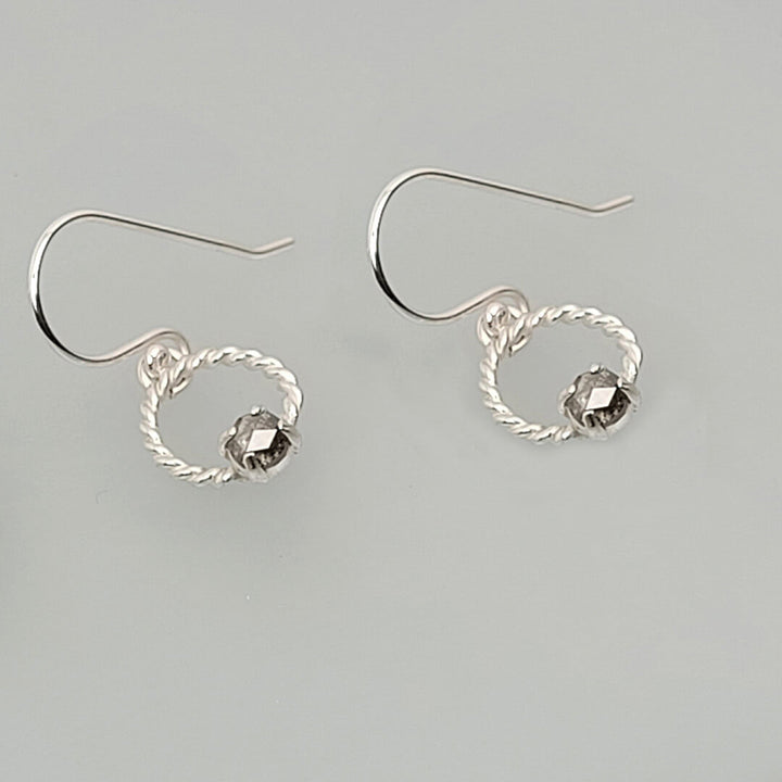 Rustic Rose Cut Gray Diamond Drop Hoop Earrings in Sterling Silver