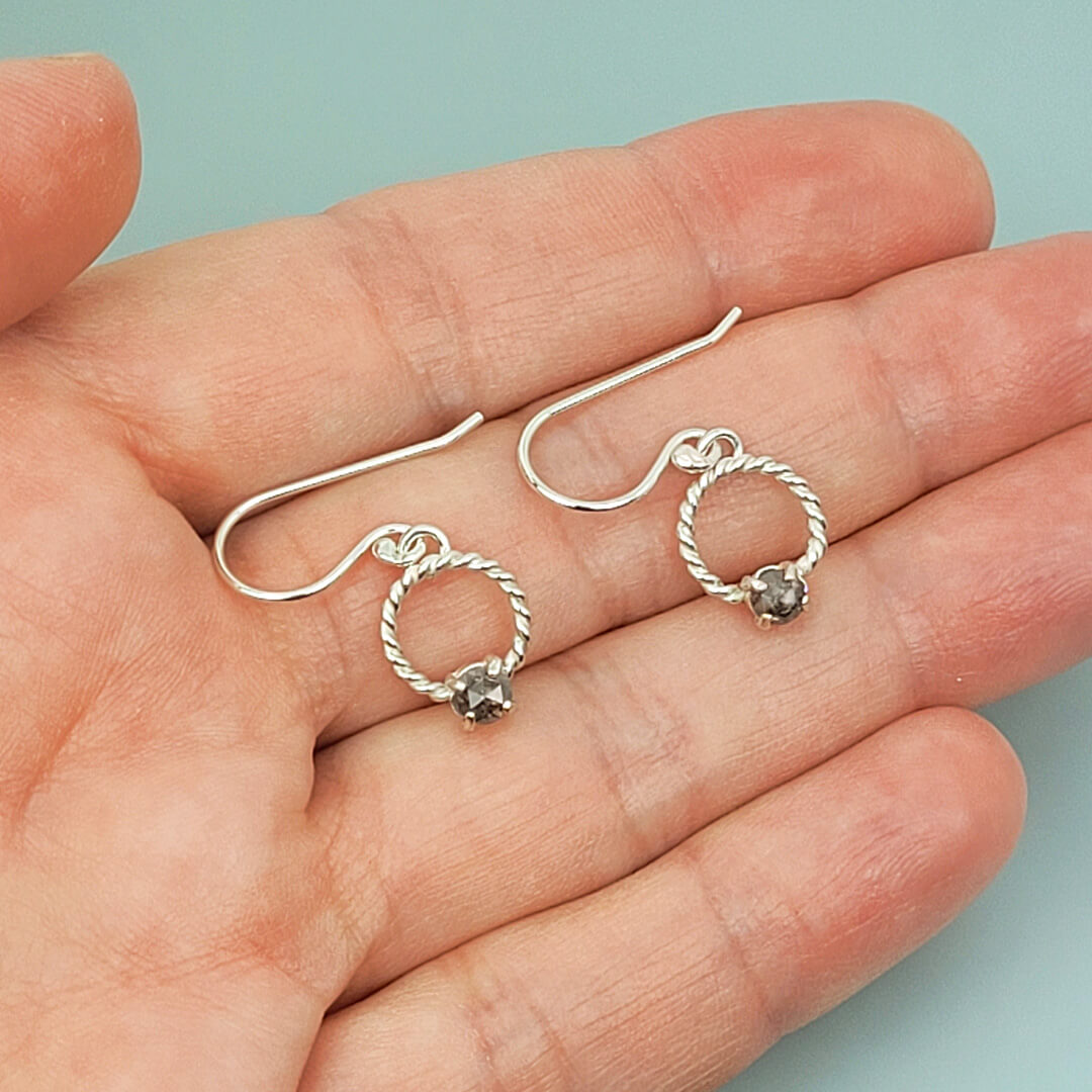 Rustic Rose Cut Gray Diamond Drop Hoop Earrings in Sterling Silver