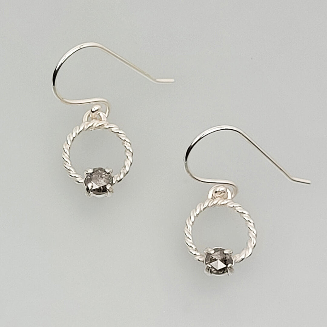 Rustic Rose Cut Gray Diamond Drop Hoop Earrings in Sterling Silver