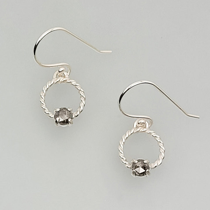 Rustic Rose Cut Gray Diamond Drop Hoop Earrings in Sterling Silver