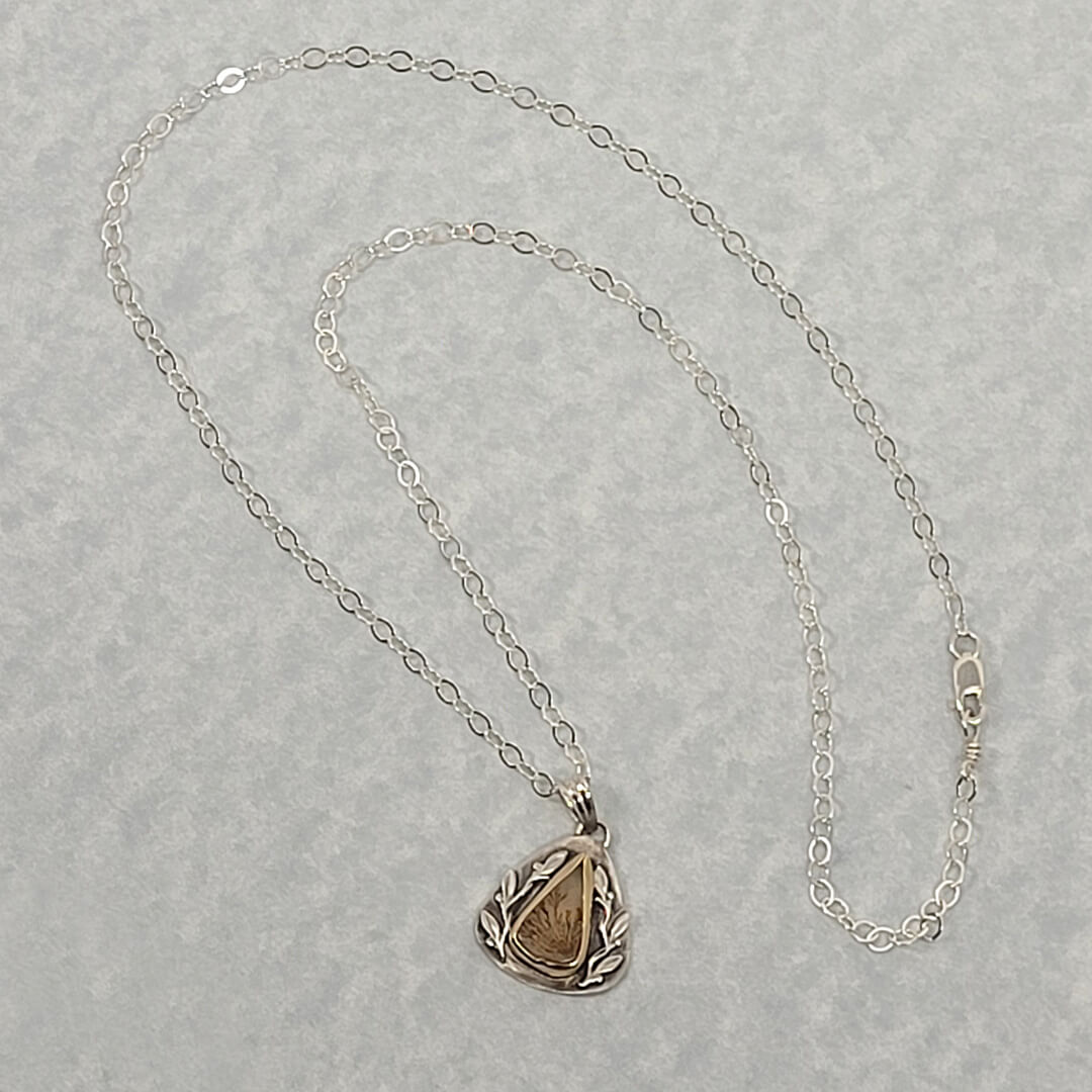 Leaf Bordered Scenic Dendritic Agate Necklace in Sterling Silver with 14kt Gold Bezel