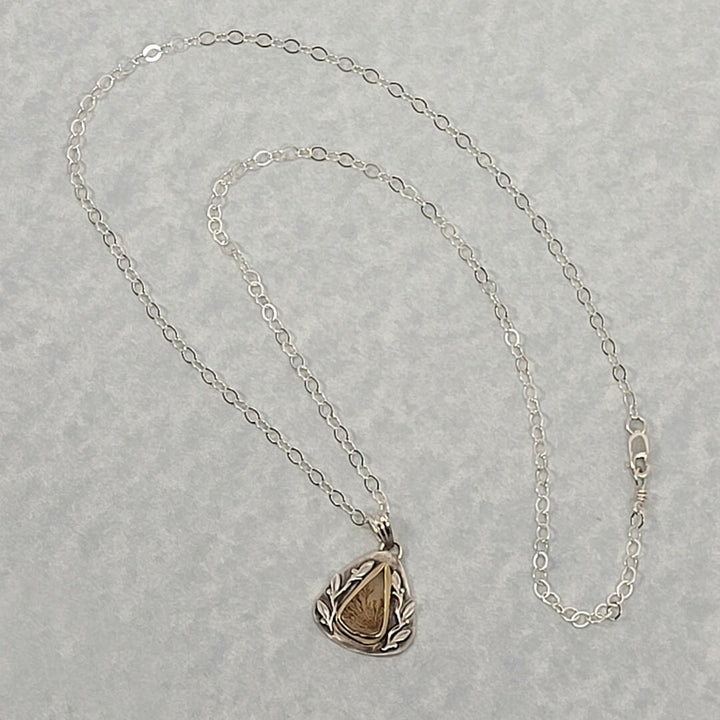 Leaf Bordered Scenic Dendritic Agate Necklace in Sterling Silver with 14kt Gold Bezel