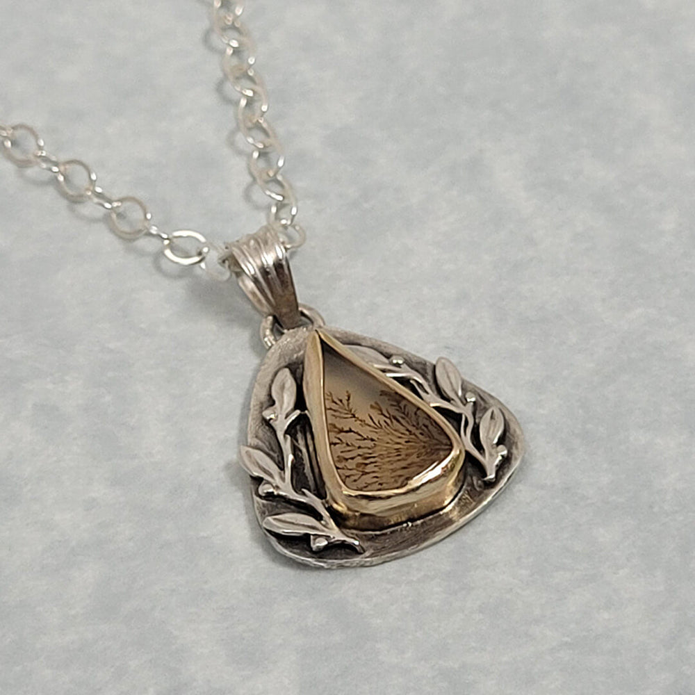 Leaf Bordered Scenic Dendritic Agate Necklace in Sterling Silver with 14kt Gold Bezel