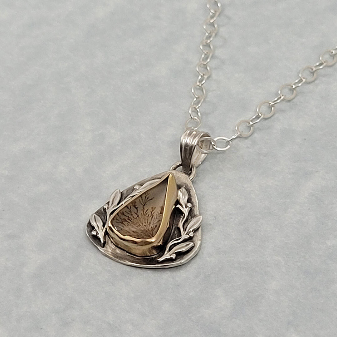 Leaf Bordered Scenic Dendritic Agate Necklace in Sterling Silver with 14kt Gold Bezel