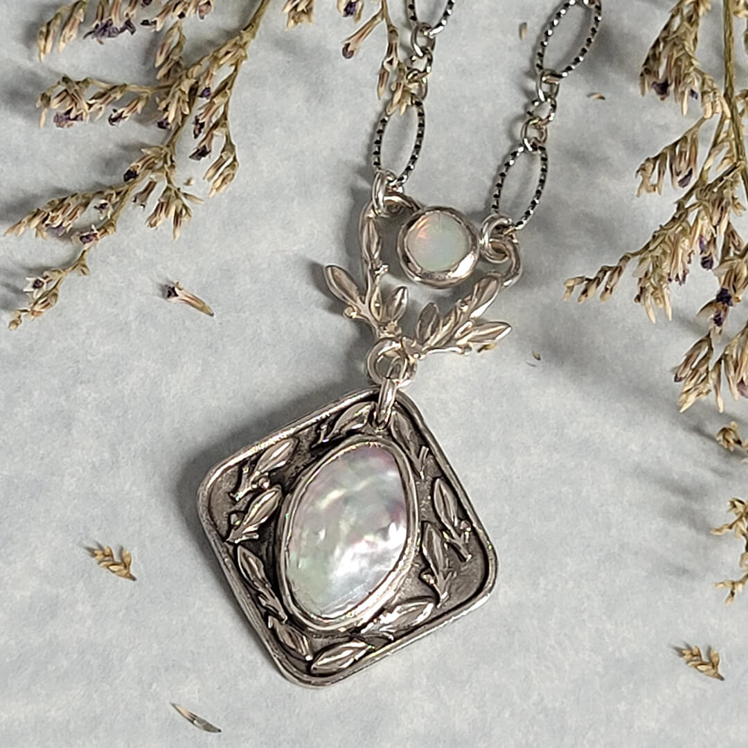 Winter's Thyme Leaves Opal and Pearl Necklace