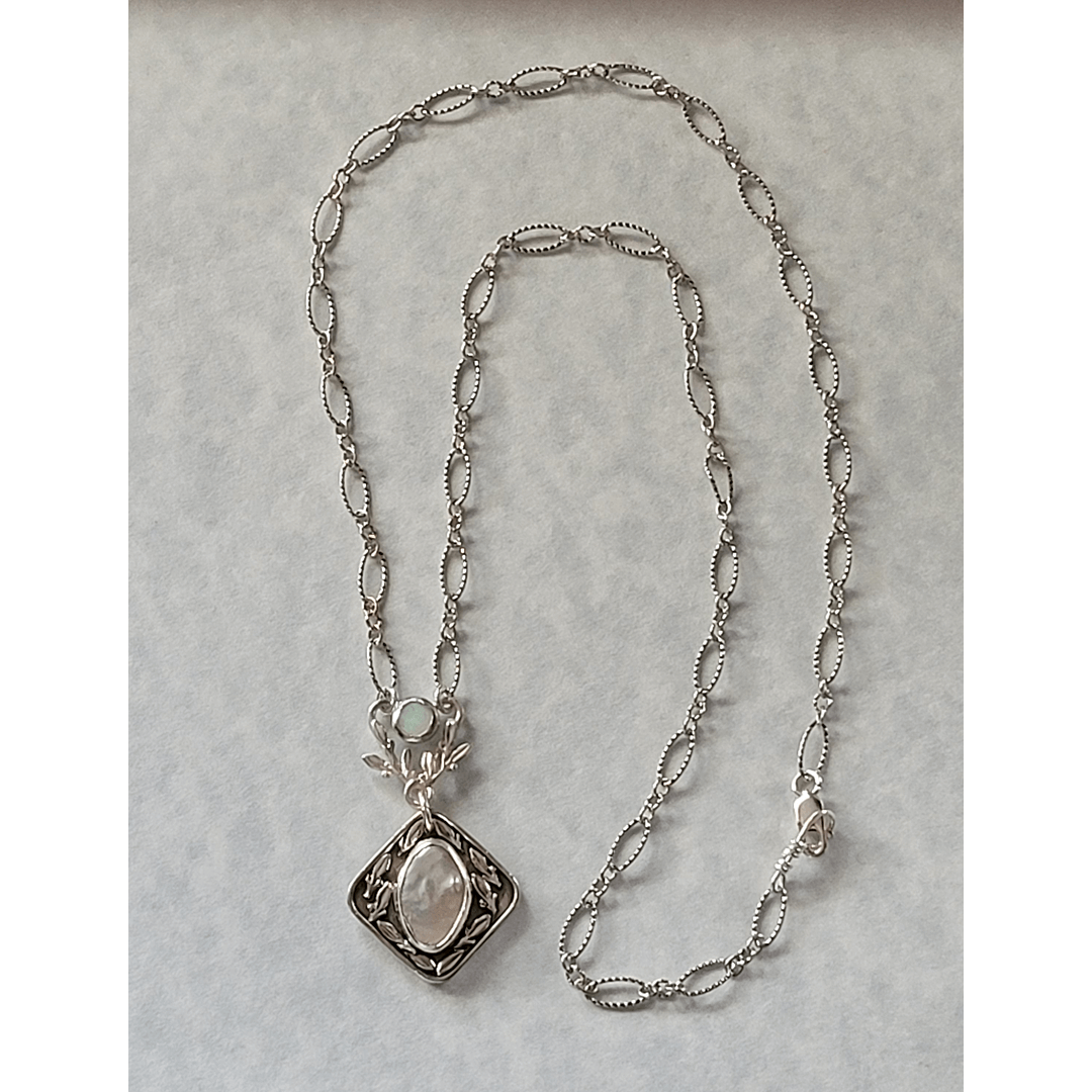Thyme Leaf Opal and Pearl Necklace in Sterling Silver