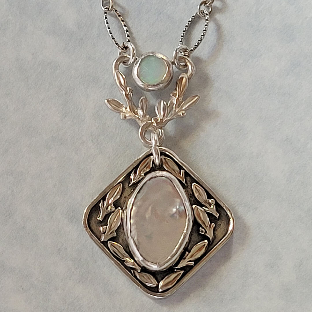Thyme Leaf Opal and Pearl Necklace in Sterling Silver