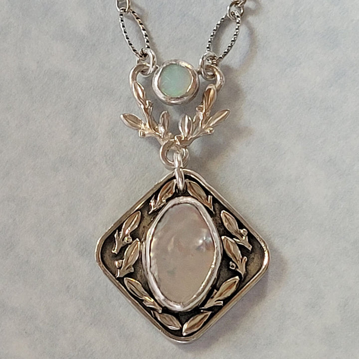 Thyme Leaf Opal and Pearl Necklace in Sterling Silver