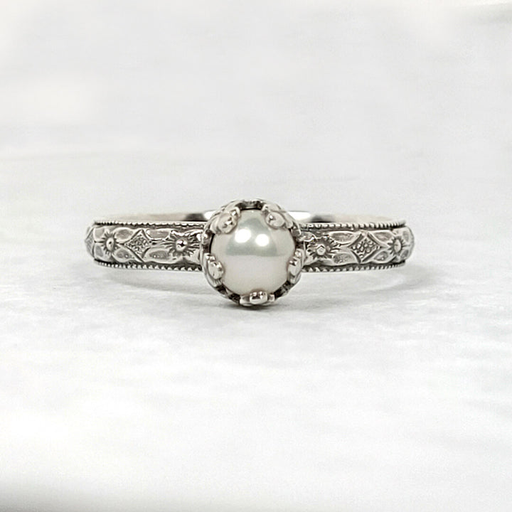 Petite Edwardian Style Pearl Engagement Ring in sterling silver