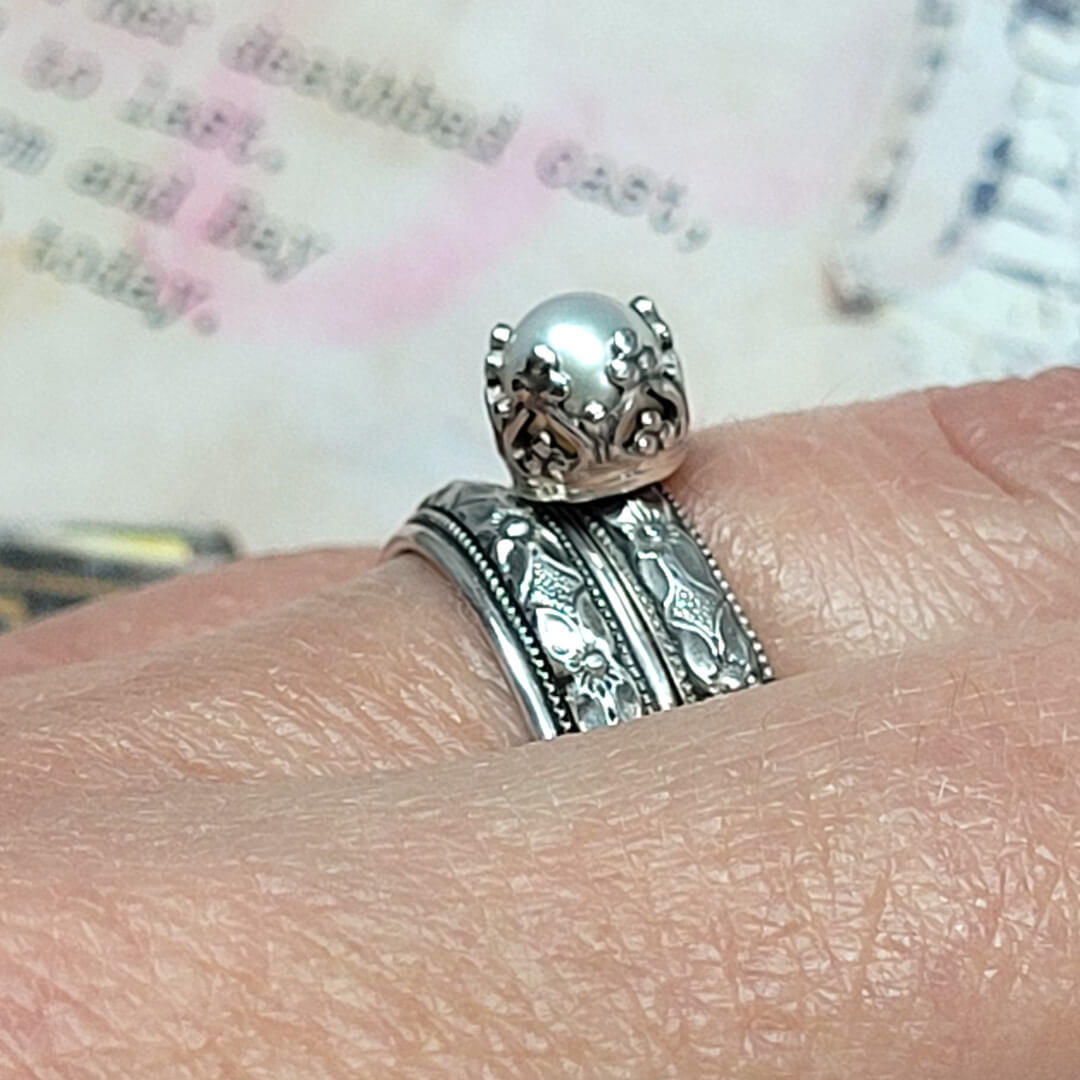 Petite Edwardian Style Pearl Engagement Ring and Floral Wedding Band Set in sterling silver