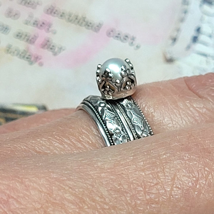 Petite Edwardian Style Pearl Engagement Ring and Floral Wedding Band Set in sterling silver