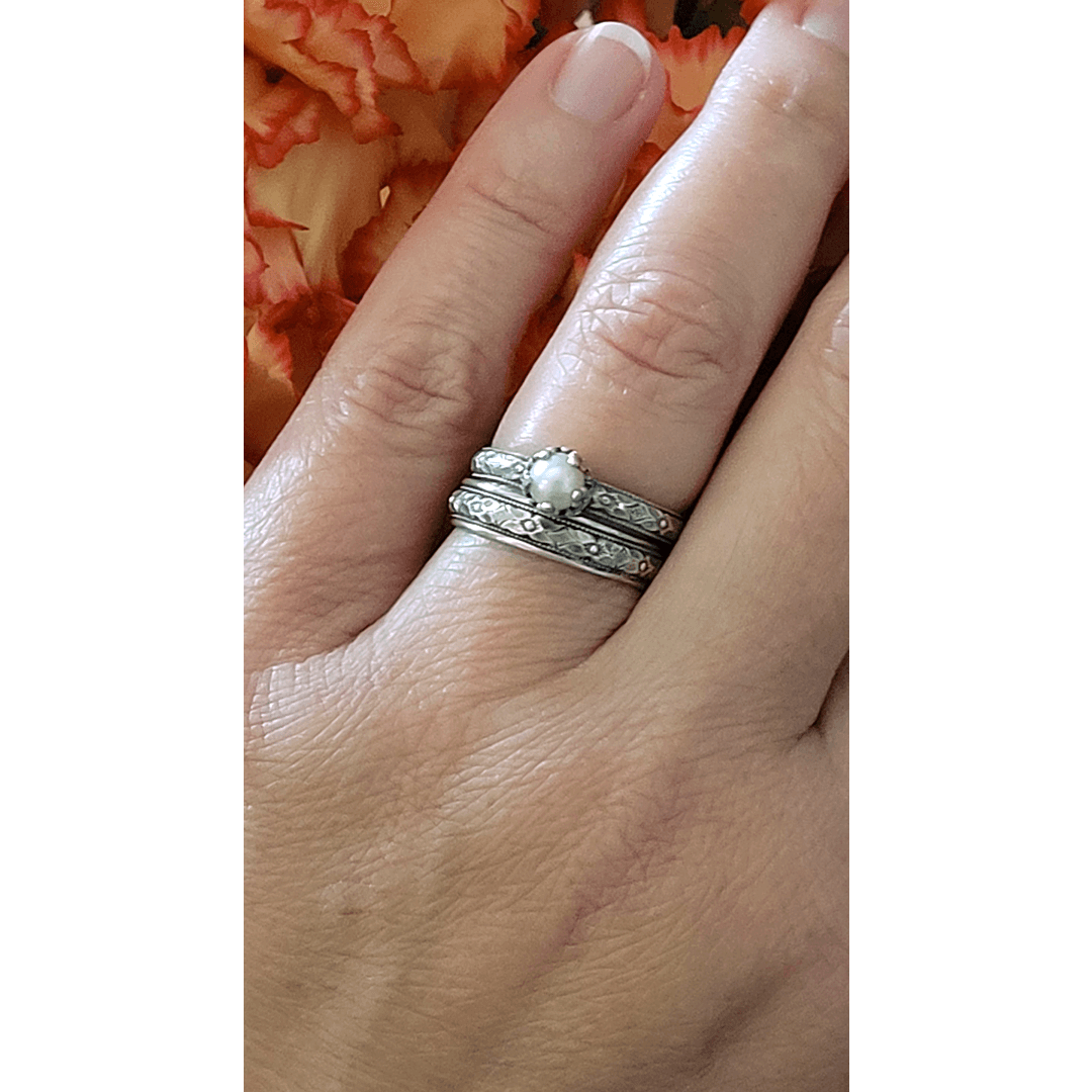 Petite Edwardian Style Pearl Engagement Ring and Floral Wedding Band Set in sterling silver