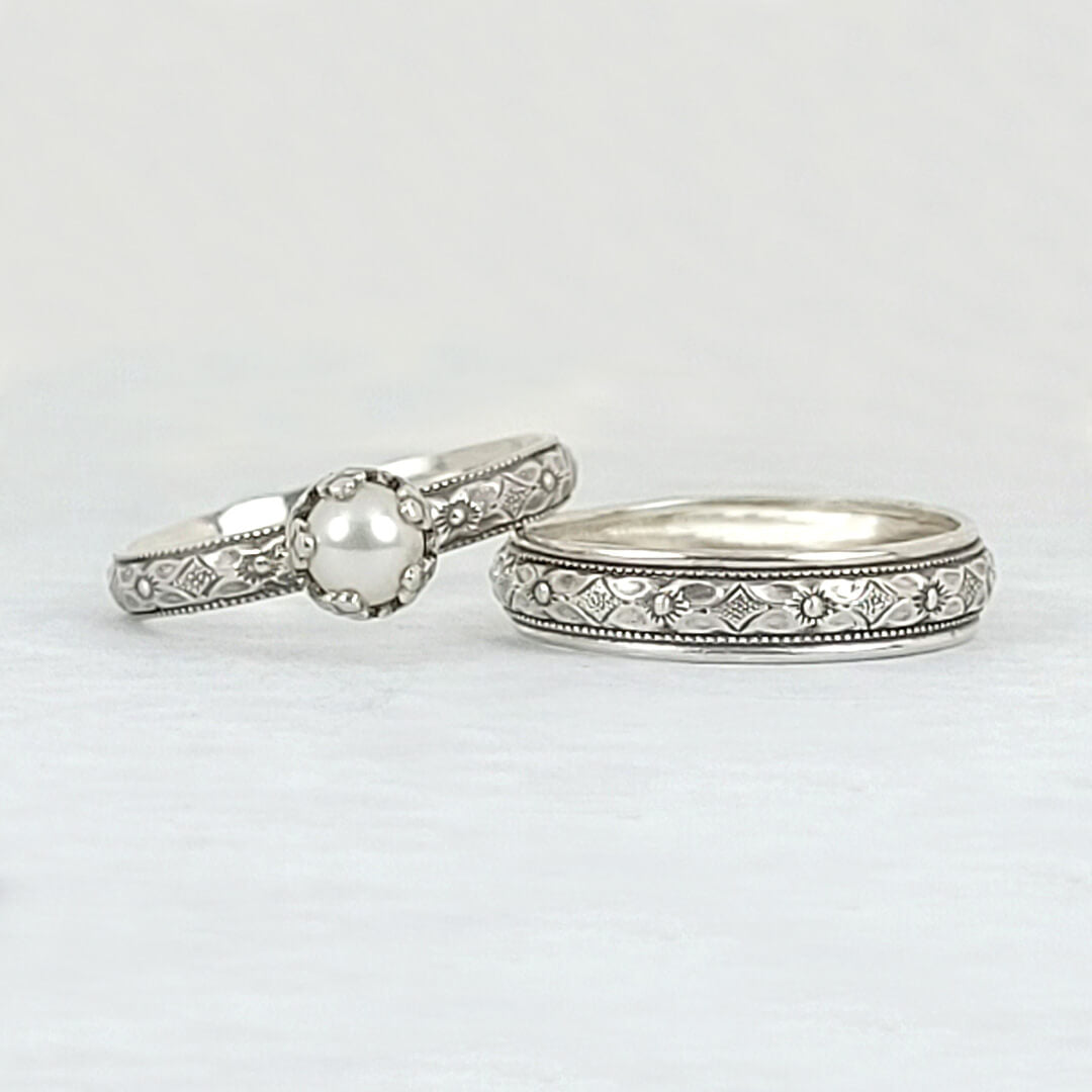 Petite Edwardian Style Pearl Engagement Ring and Floral Wedding Band Set in sterling silver