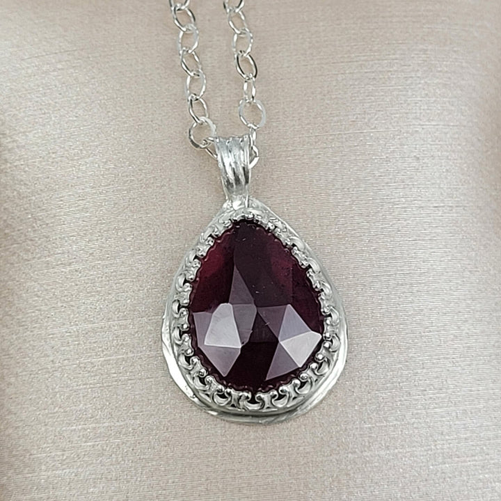 Vintage Style Rose Cut Rhodolite Garnet Teardrop Necklace in Sterling Silver