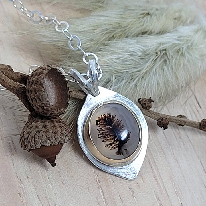 Scenic Tree Dendritic Agate Necklace in Sterling Silver with 14kt Gold Bezel