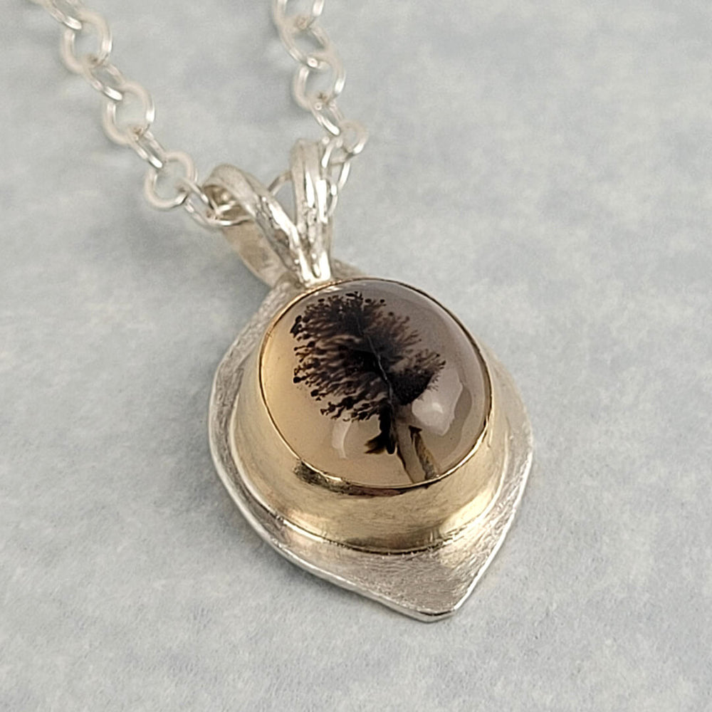 Scenic Tree Dendritic Agate Necklace in Sterling Silver with 14kt Gold Bezel