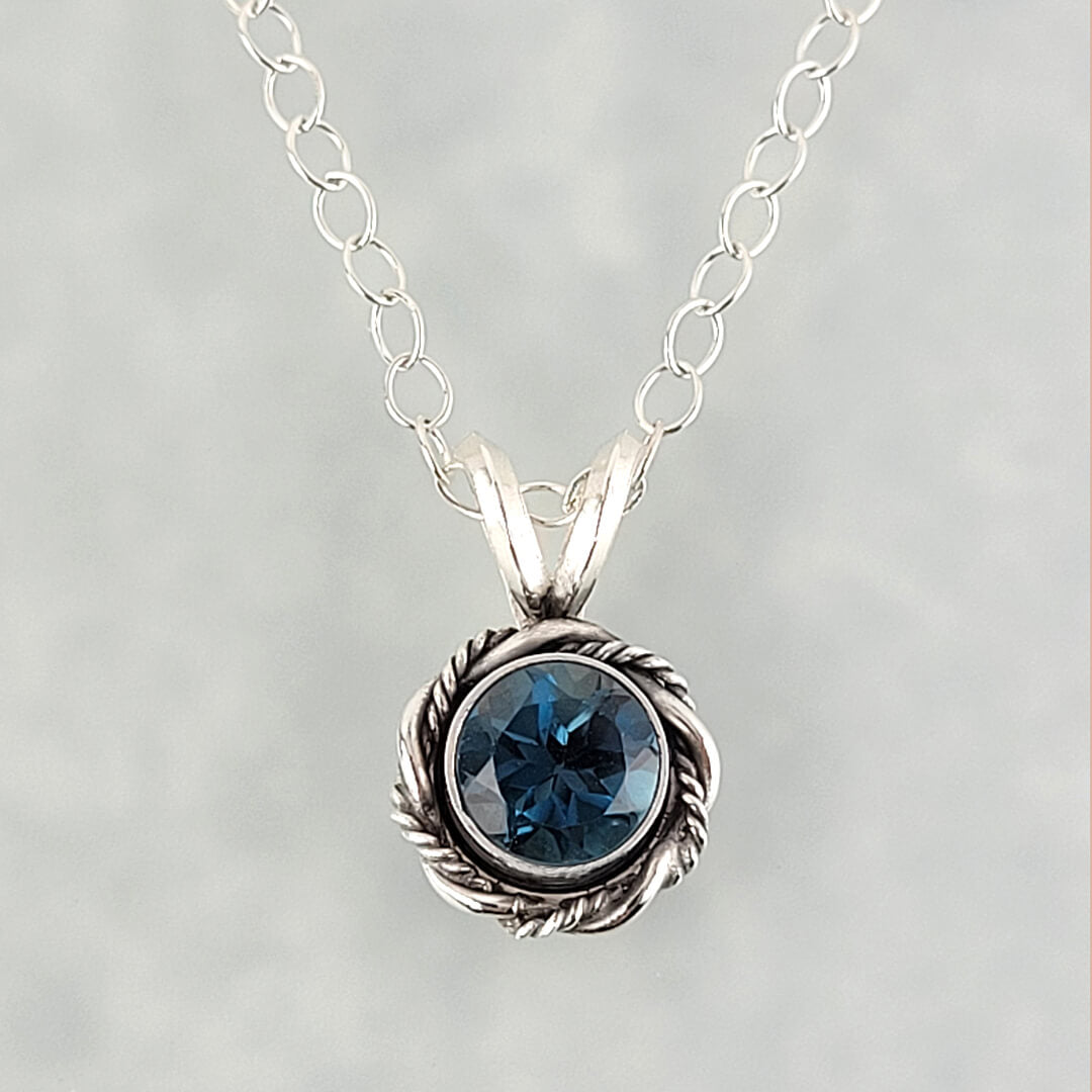 Dainty London Blue Topaz Necklace in Sterling Silver, Vintage Style