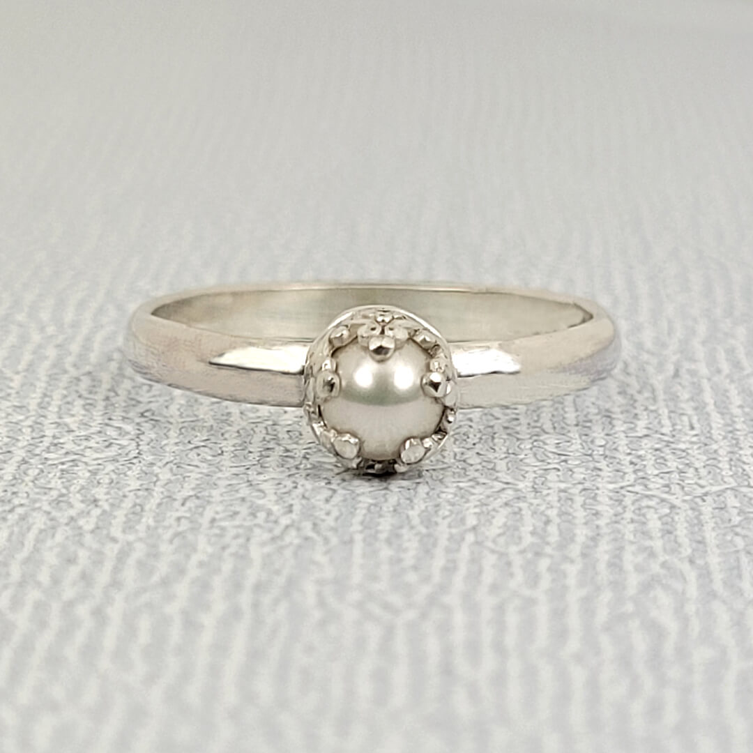 Pearl Engagement Ring, Sterling Silver Vintage Style Solitaire Ring
