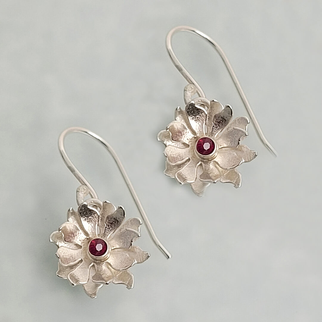lily flower earrings Water Lily Earrings with Rubies, Sterling Silver