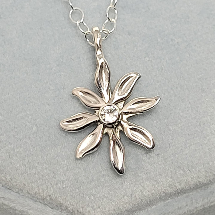 White Sapphire North Star Necklace with Leaves in Sterling Silver