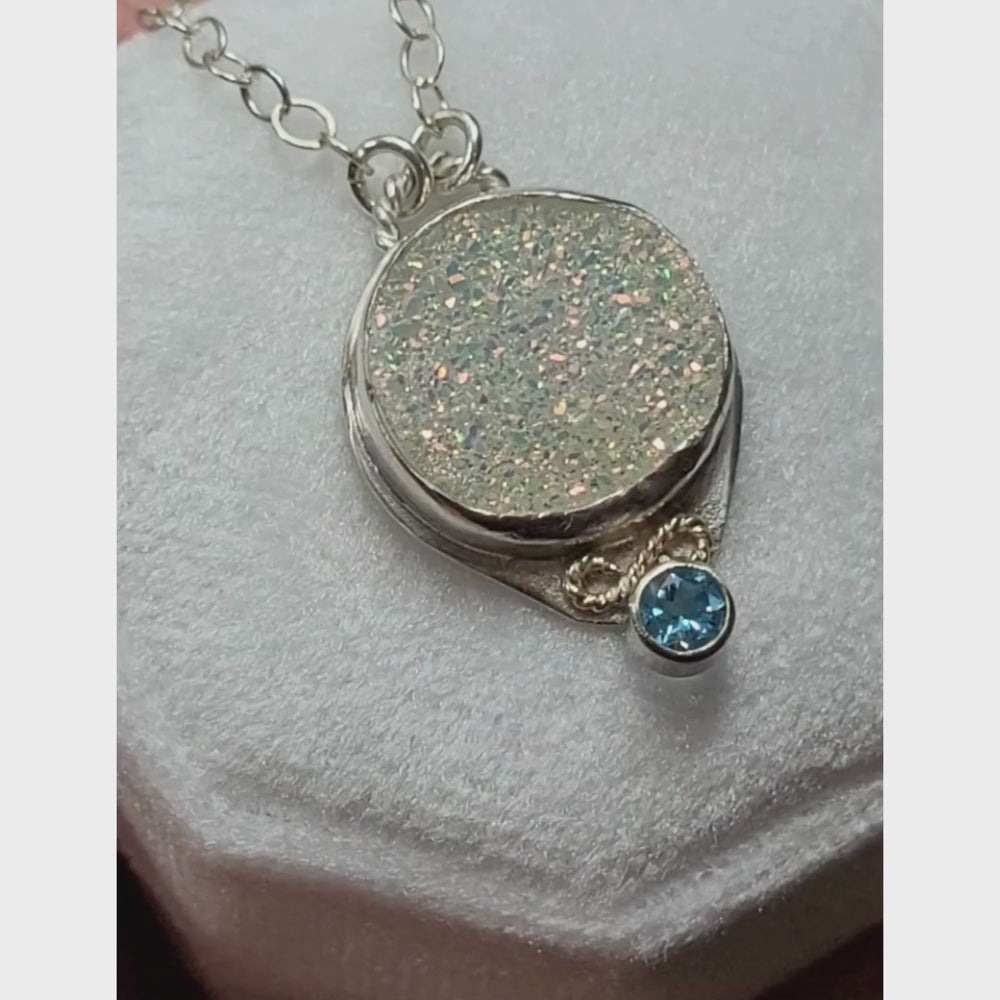 White druzy quartz necklace with blue topaz