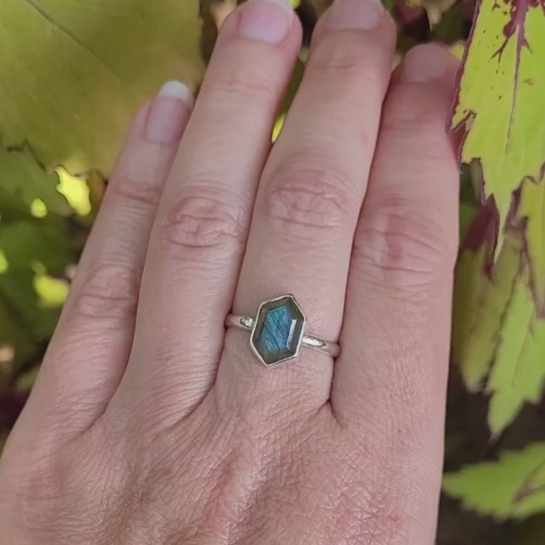 Gaia Hexagon Cut Labradorite Ring in Sterling Silver - Size 6.5