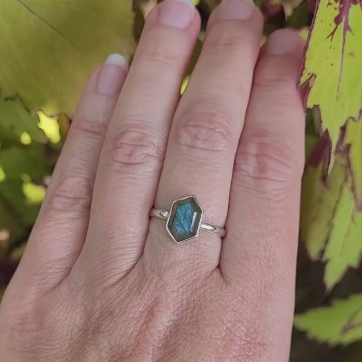 Gaia Hexagon Cut Labradorite Ring in Sterling Silver - Size 6.5