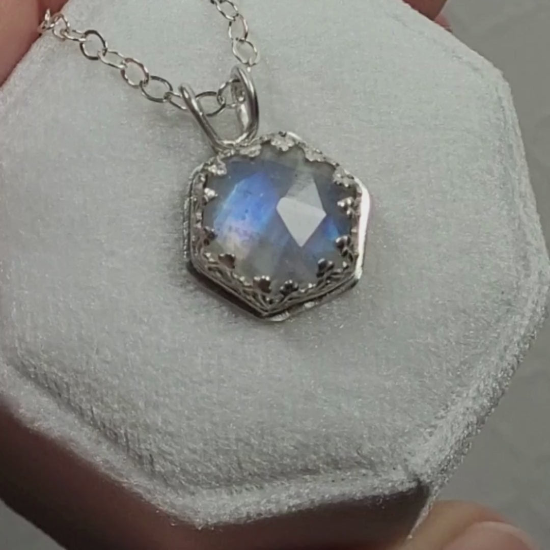 Hexagon Cut Rainbow Moonstone Necklace in Sterling Silver