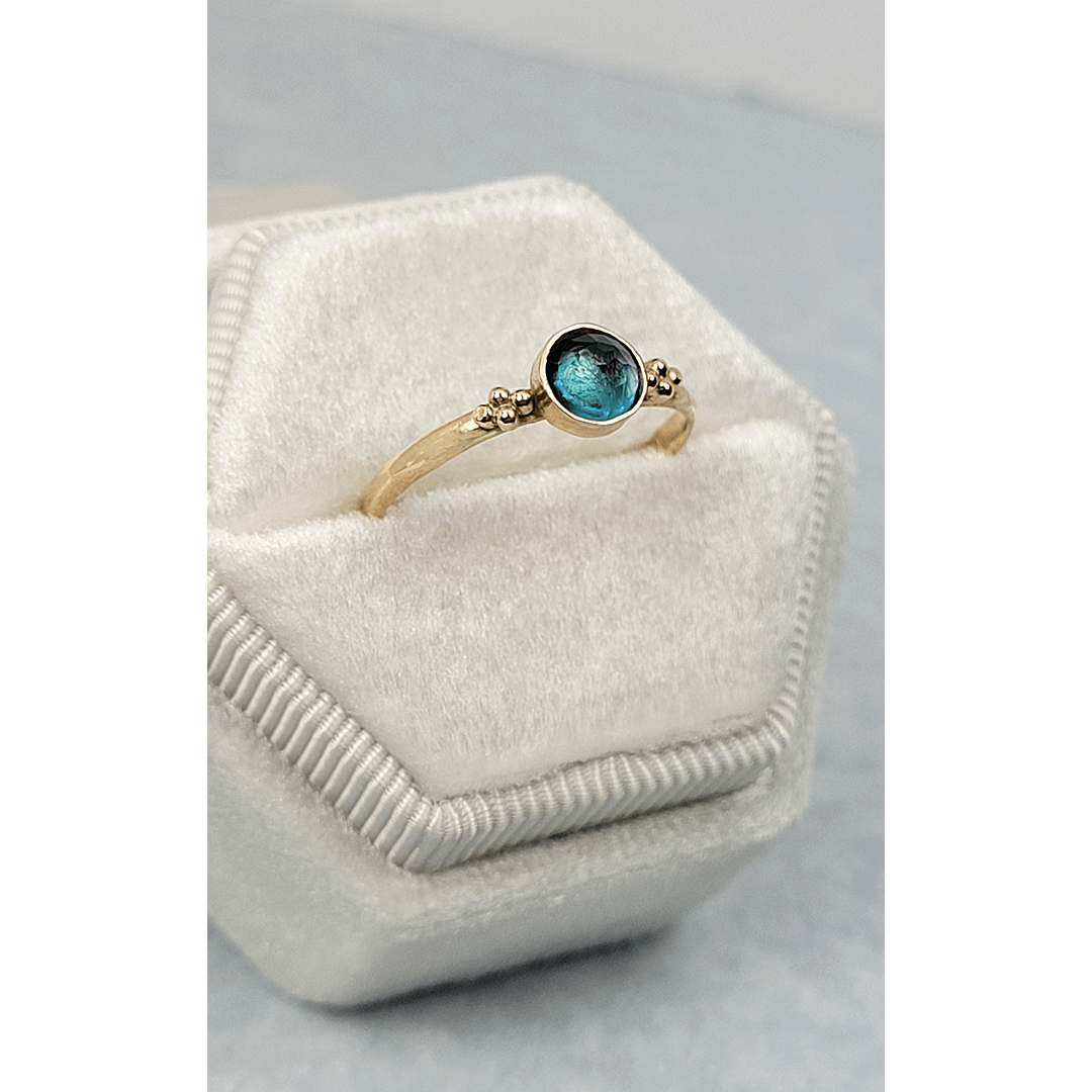 Rose cut London blue topaz engagement ring in 14kt yellow gold