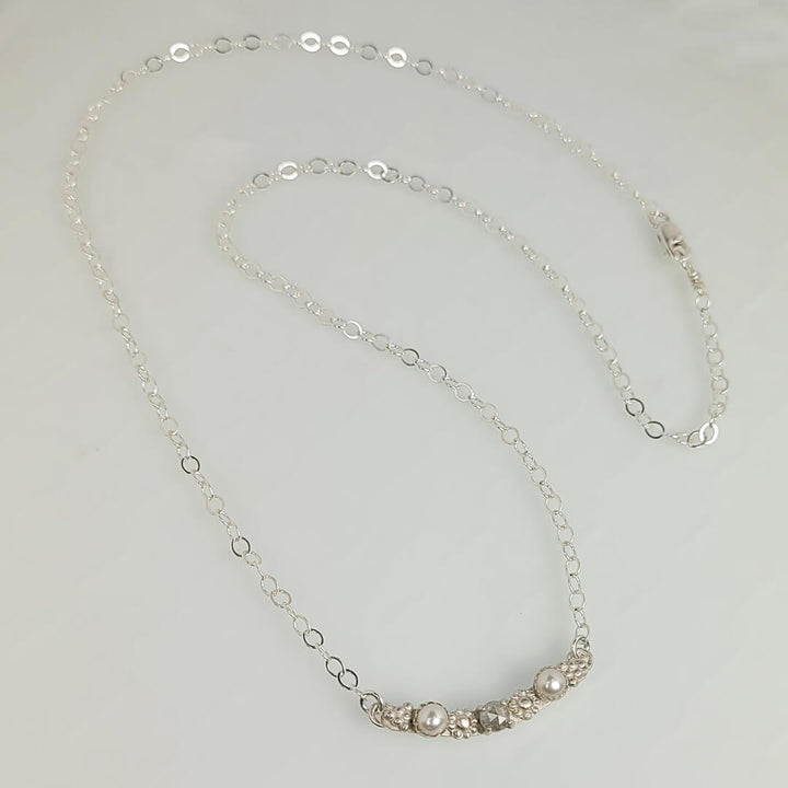 vintage style rustic gray diamond and pearl necklace in sterling silver in sterling silver
